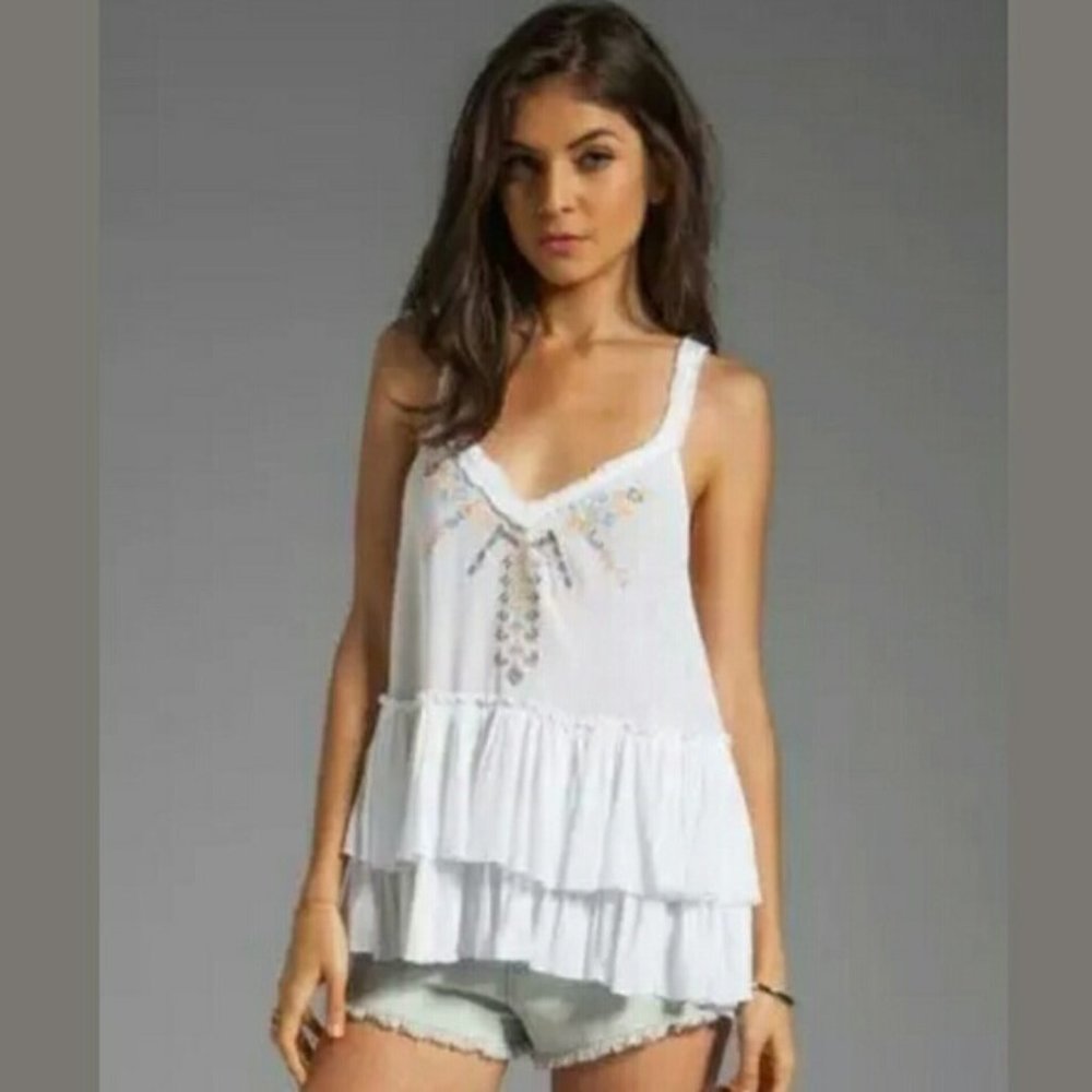FREE PEOPLE white ruffle embroidery tank